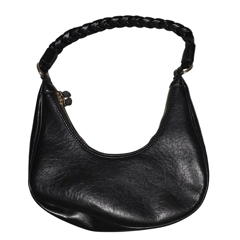 Antik Kraft‎ Black Vegan Leather Crescent Hobo Bag Braided Strap Gold Hardware